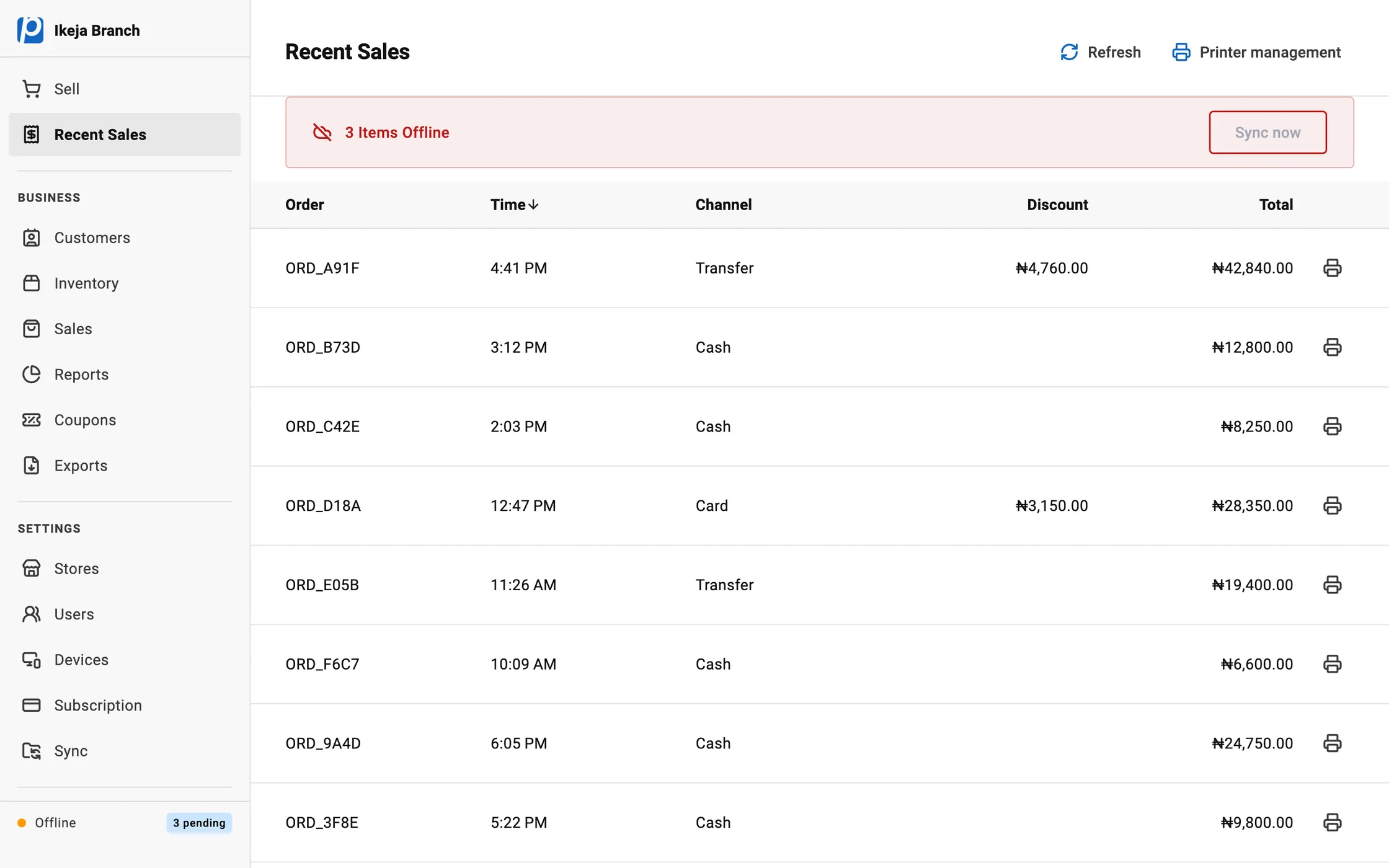 Plainn's recent sales while offline: completed orders under a banner reading 3 Items Offline