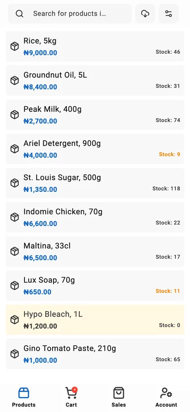 The same till on a phone, showing the product list and a bottom tab bar with four items in the cart