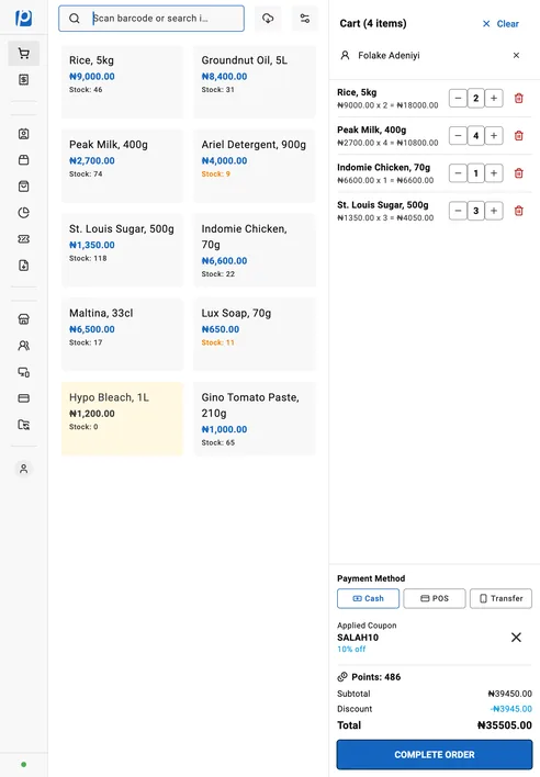 The same till on a tablet held in portrait, with the sidebar collapsed to an icon rail