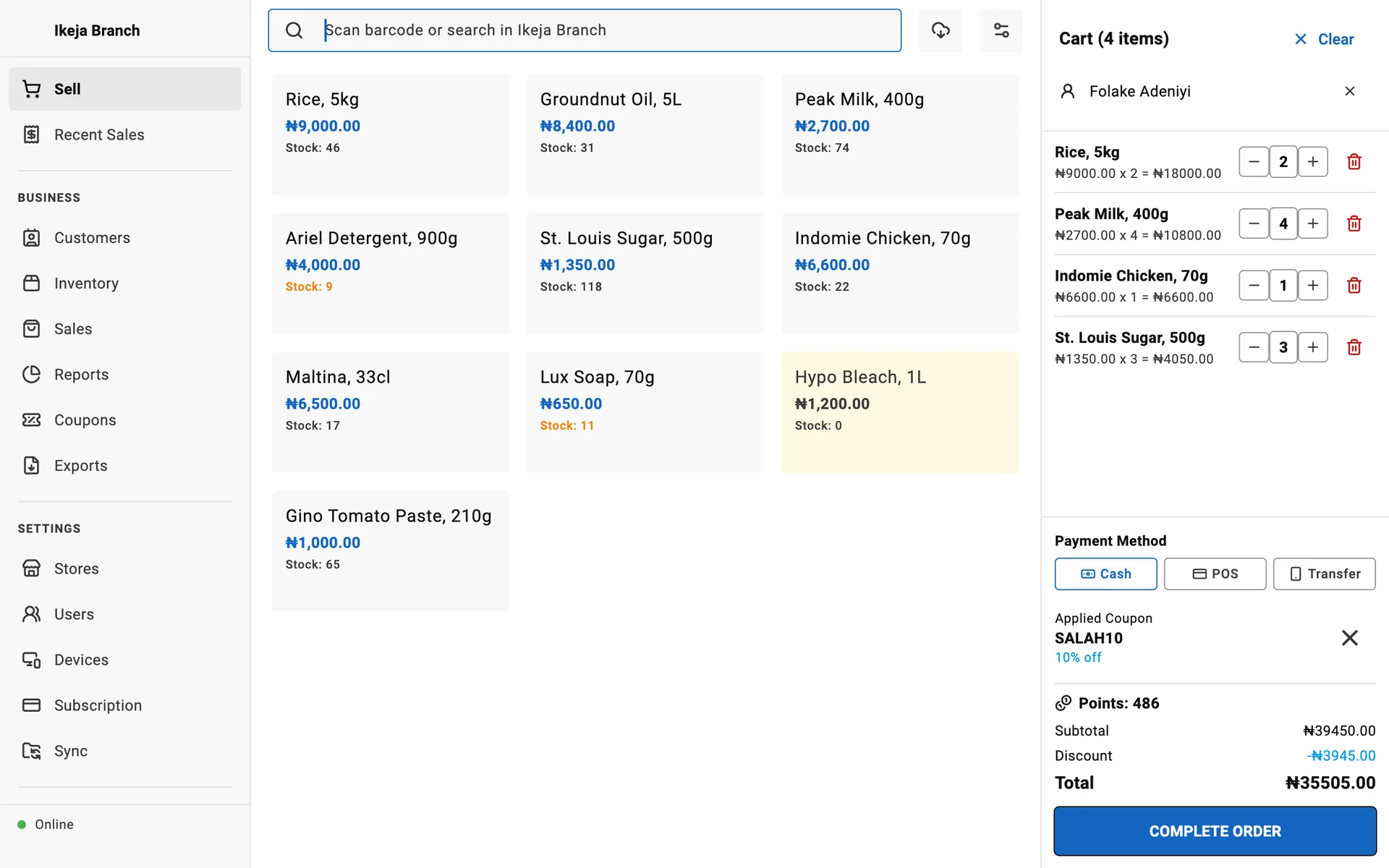 Plainn's till on a desktop computer, with the product grid, a four-line cart and a coupon applied